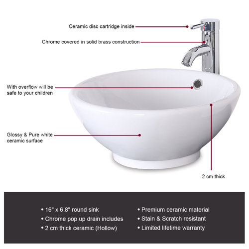 ECLIFE 16'' White Ceramic Circular Vessel Bathroom Sink with Faucet and